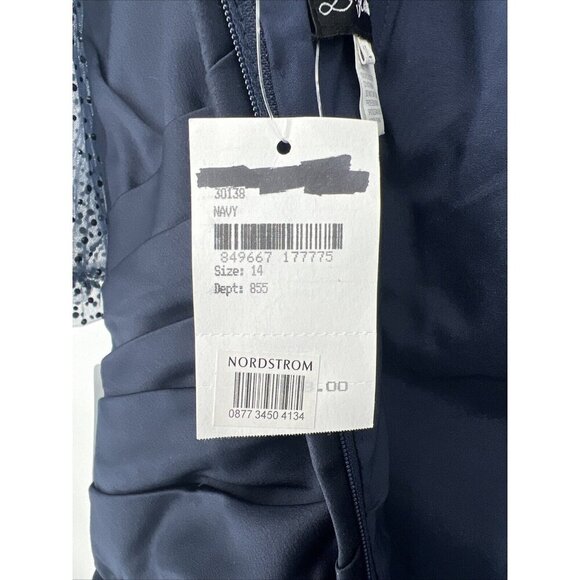 La Femme Womens 14 Navy Blue Satin Illusion Beaded Mermaid Formal Gownever wore. - Picture 10 of 12